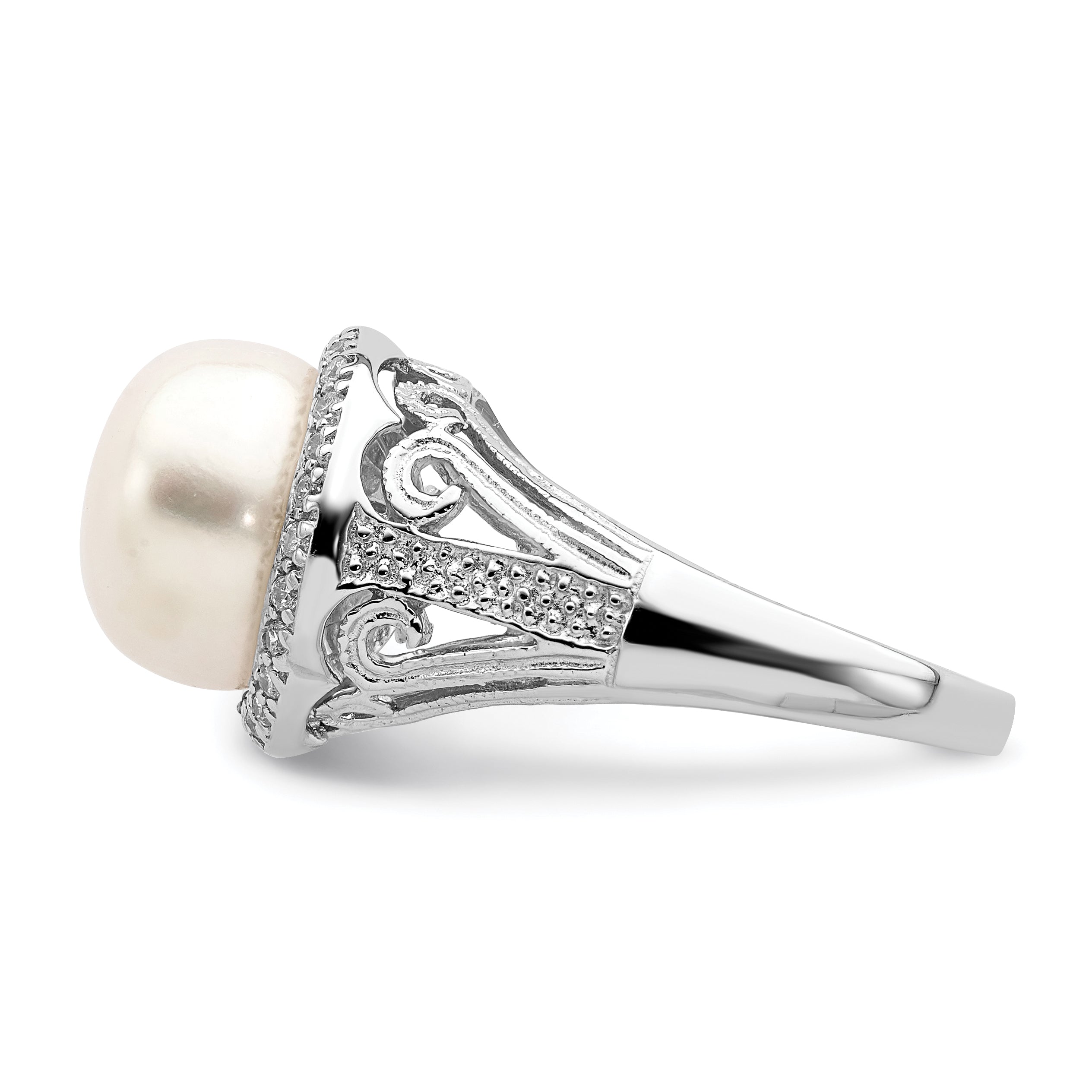Sterling Silver Rhodium-plated 10-11mm White FWC Pearl and CZ Ring