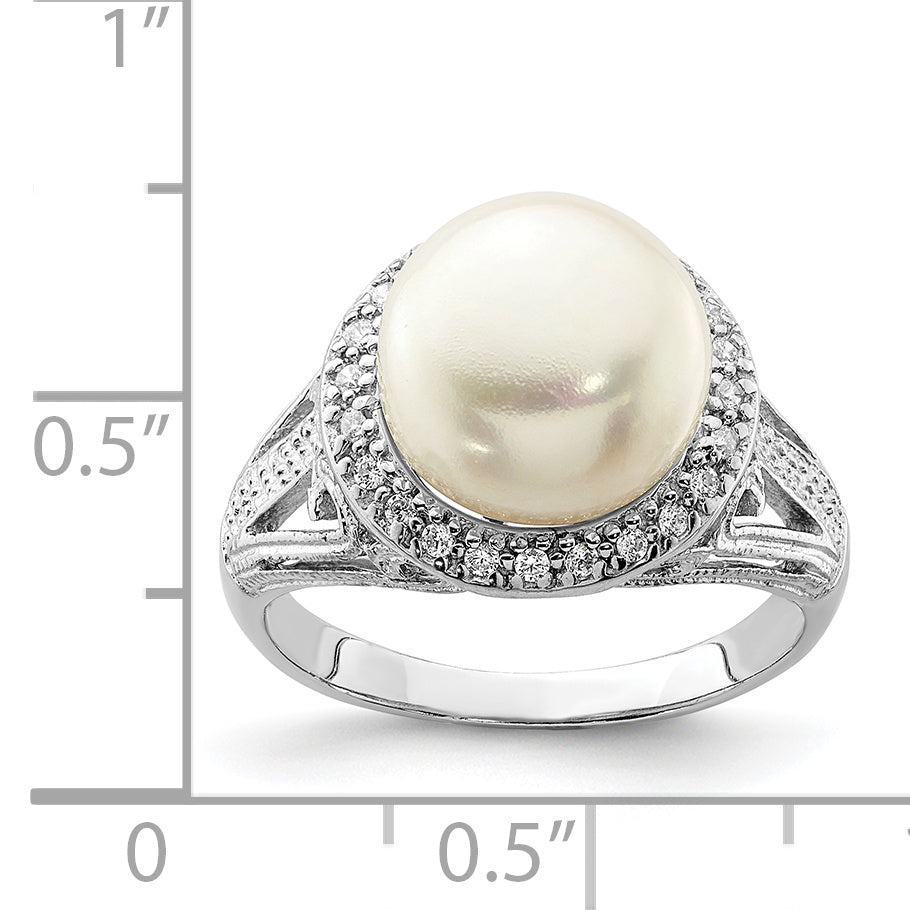 Sterling Silver Rhodium-plated 10-11mm White FWC Pearl and CZ Ring