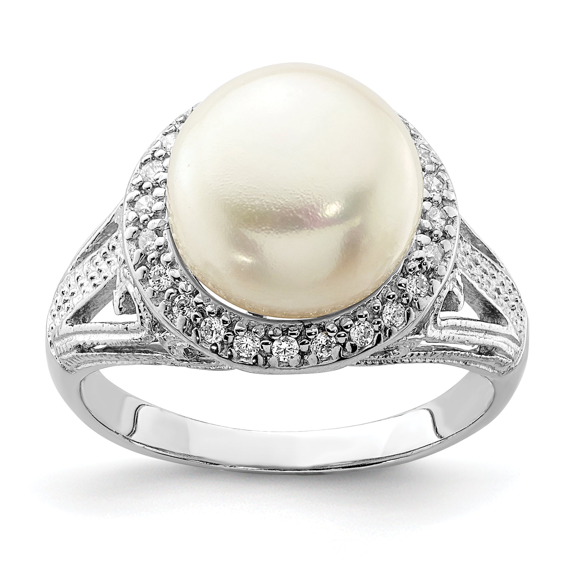 Sterling Silver Rhod-plated 10-11mm White Fresh Water Cultured Pearl and CZ Ring