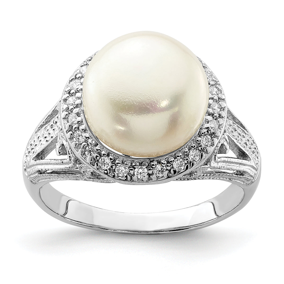 Sterling Silver Rhod-plated 10-11mm White Fresh Water Cultured Pearl and CZ Ring