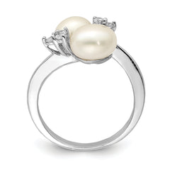 Sterling Silver Rhodium-plated 8-9mm White 2-FWC Pearl and CZ Ring