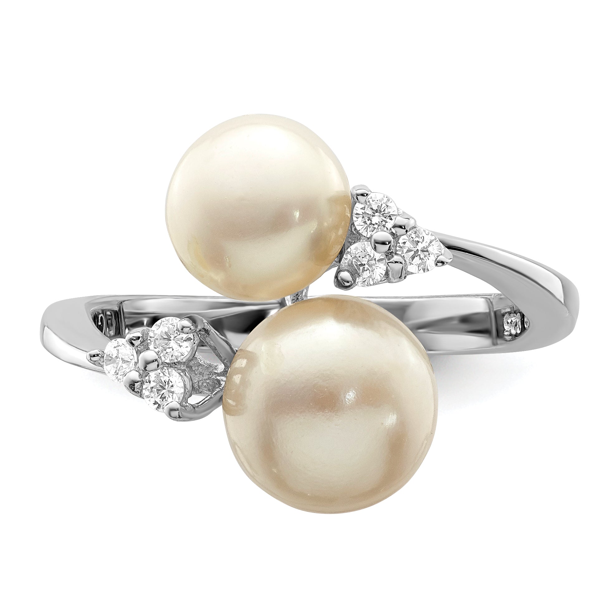 Sterling Silver Rhodium-plated 8-9mm White 2-FWC Pearl and CZ Ring