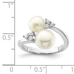 Sterling Silver Rhodium-plated 8-9mm White 2-FWC Pearl and CZ Ring
