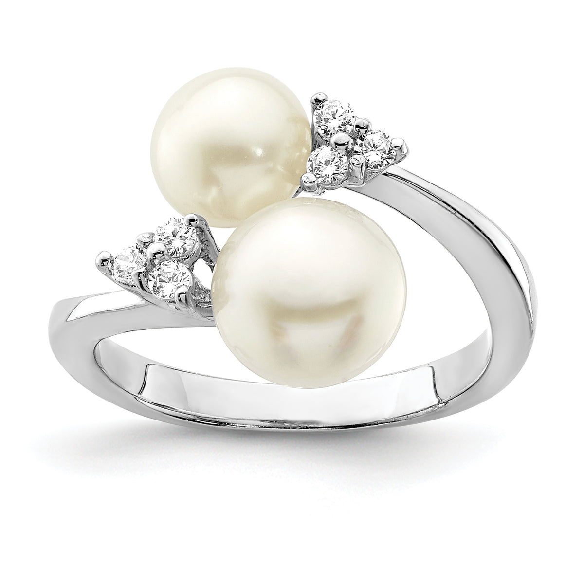 Sterling Silver Rhod-plated 8-9mm White 2-Fresh Water Cultured Pearl and CZ Ring
