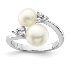 Sterling Silver Rhod-plated 8-9mm White 2-Fresh Water Cultured Pearl and CZ Ring