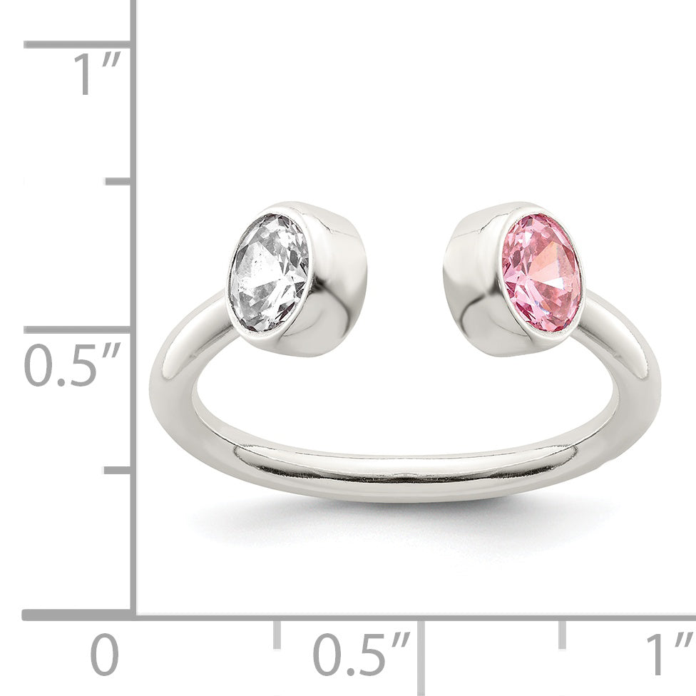 Sterling Silver Polished Pink and White CZ Adjustable Ring