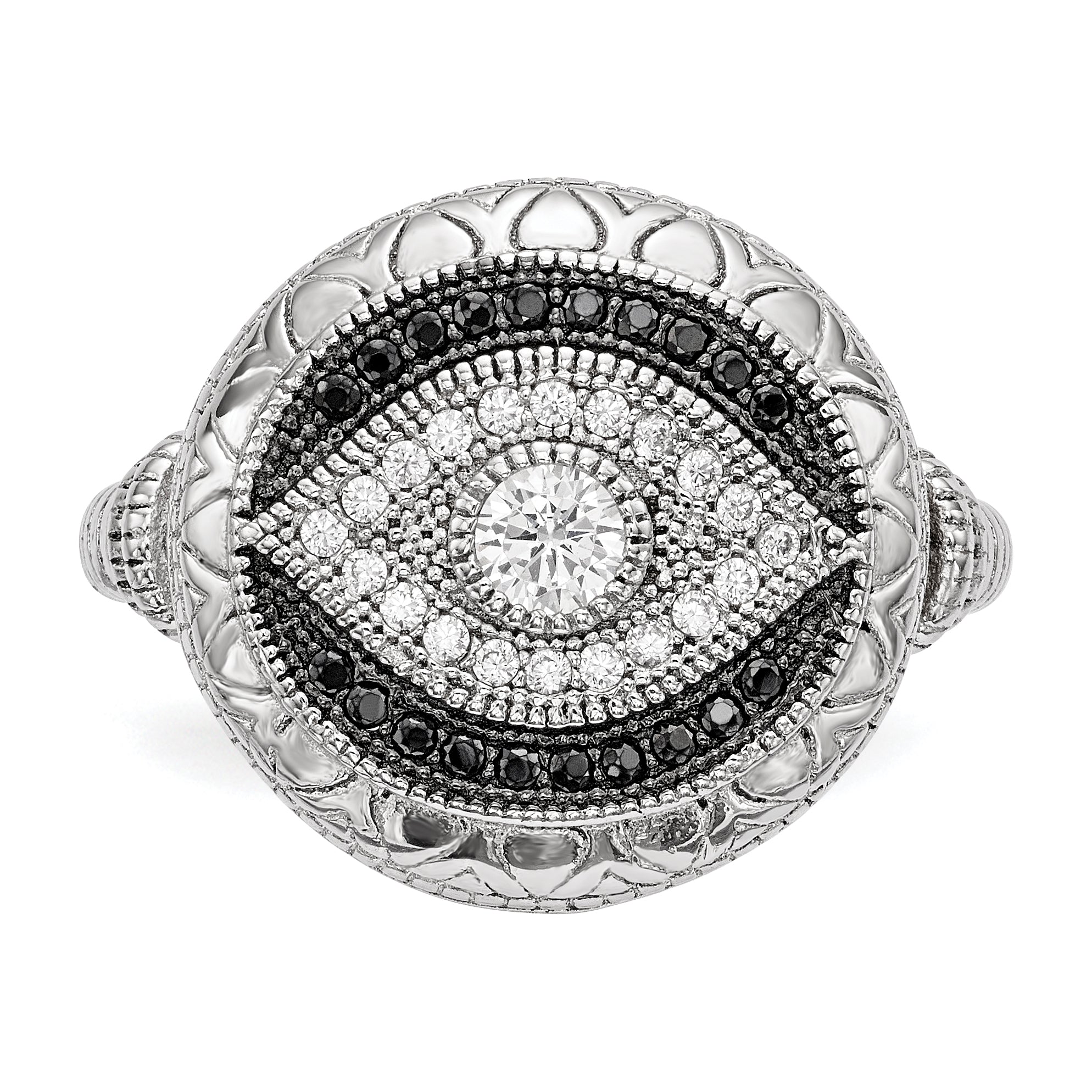 Sterling Silver Rhodium-plated Black and White CZ Evil Eye Ring - 6