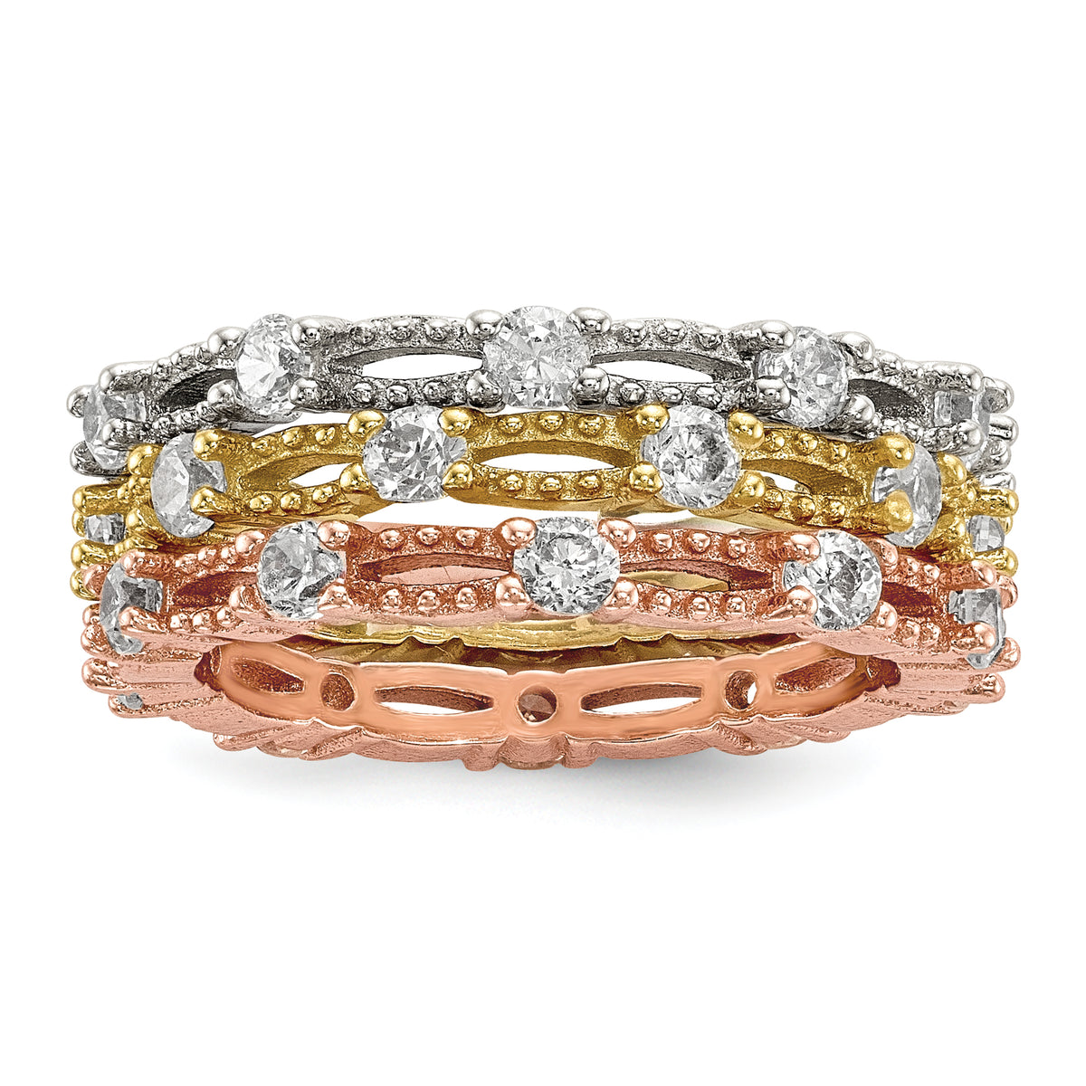 Sterling Silver White Yellow & Rose-tone Set of 3 CZ Eternity Rings