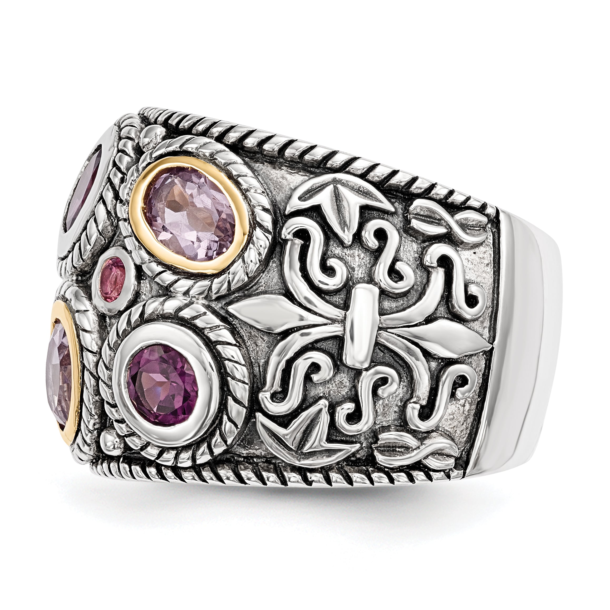 Sterling Silver Rhod. With14k Pink Qrtz Rhodolite GA & Pink Tourmaline Ring