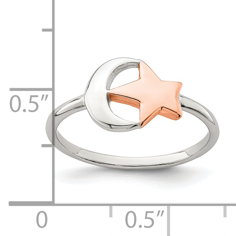 Sterling Silver Rose Tone Moon & Star Ring - 6