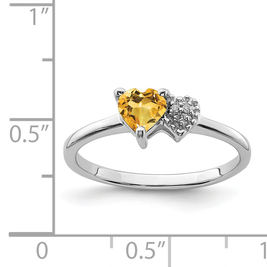 Sterling Silver Rhodium-plated Polished Citrine and Diamond Ring - 6