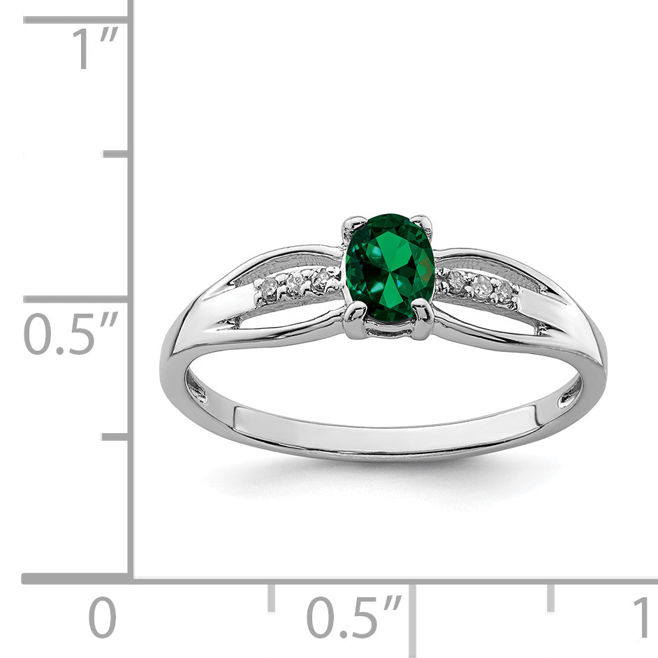 Sterling Silver Rhod-plated Diamond Created Emerald Ring