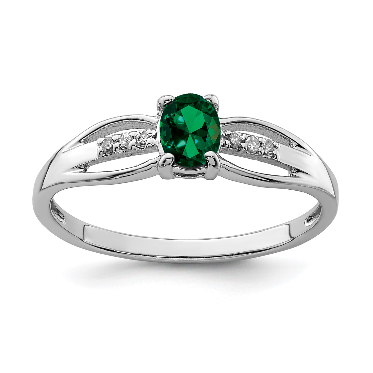 Sterling Silver Rhod-plated Diamond Created Emerald Ring