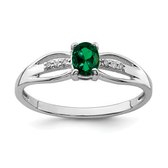Sterling Silver Rhod-plated Diamond Created Emerald Ring