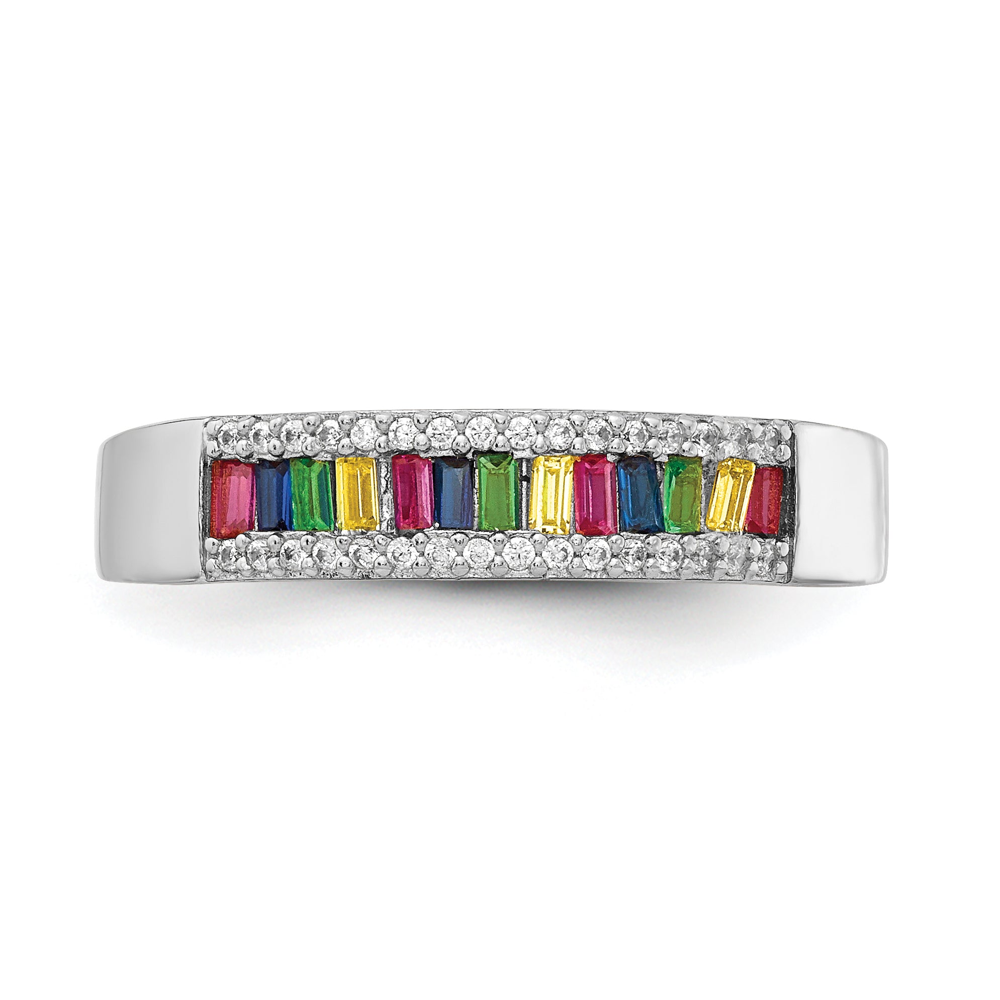 Prizma Sterling Silver Rhodium-plated Colorful Baguette and White CZ Ring - 6