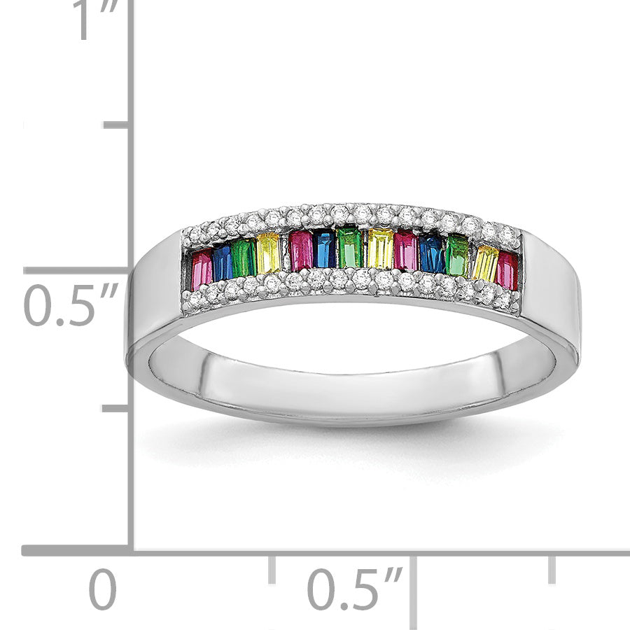 Prizma Sterling Silver Rhodium-plated Colorful Baguette and White CZ Ring - 6