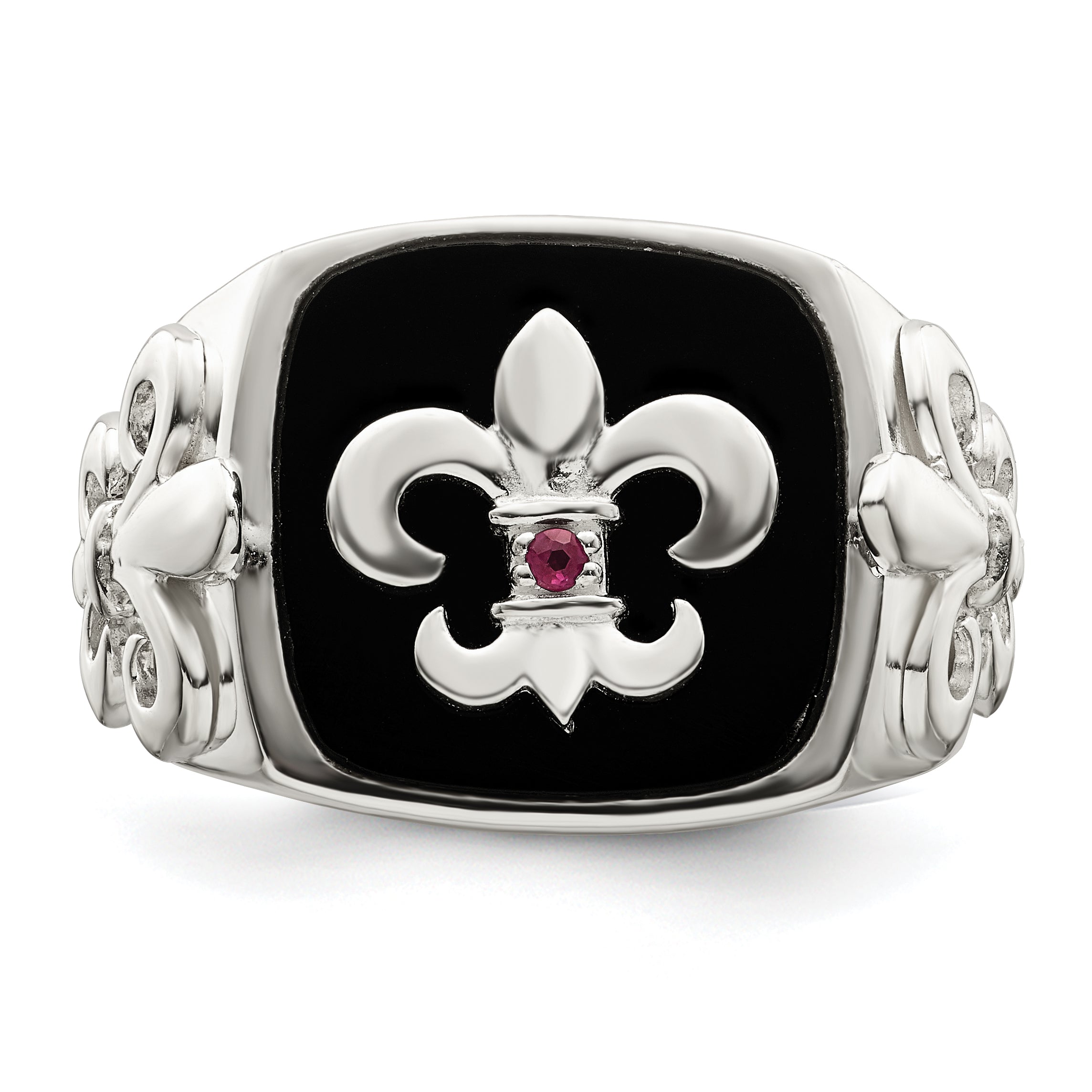 Sterling Silver .03Ruby/Black Agate Fleur de Lis Ring