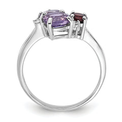 SS Rhodium Amethyst Pk Quartz Garnet and White Topaz Ring