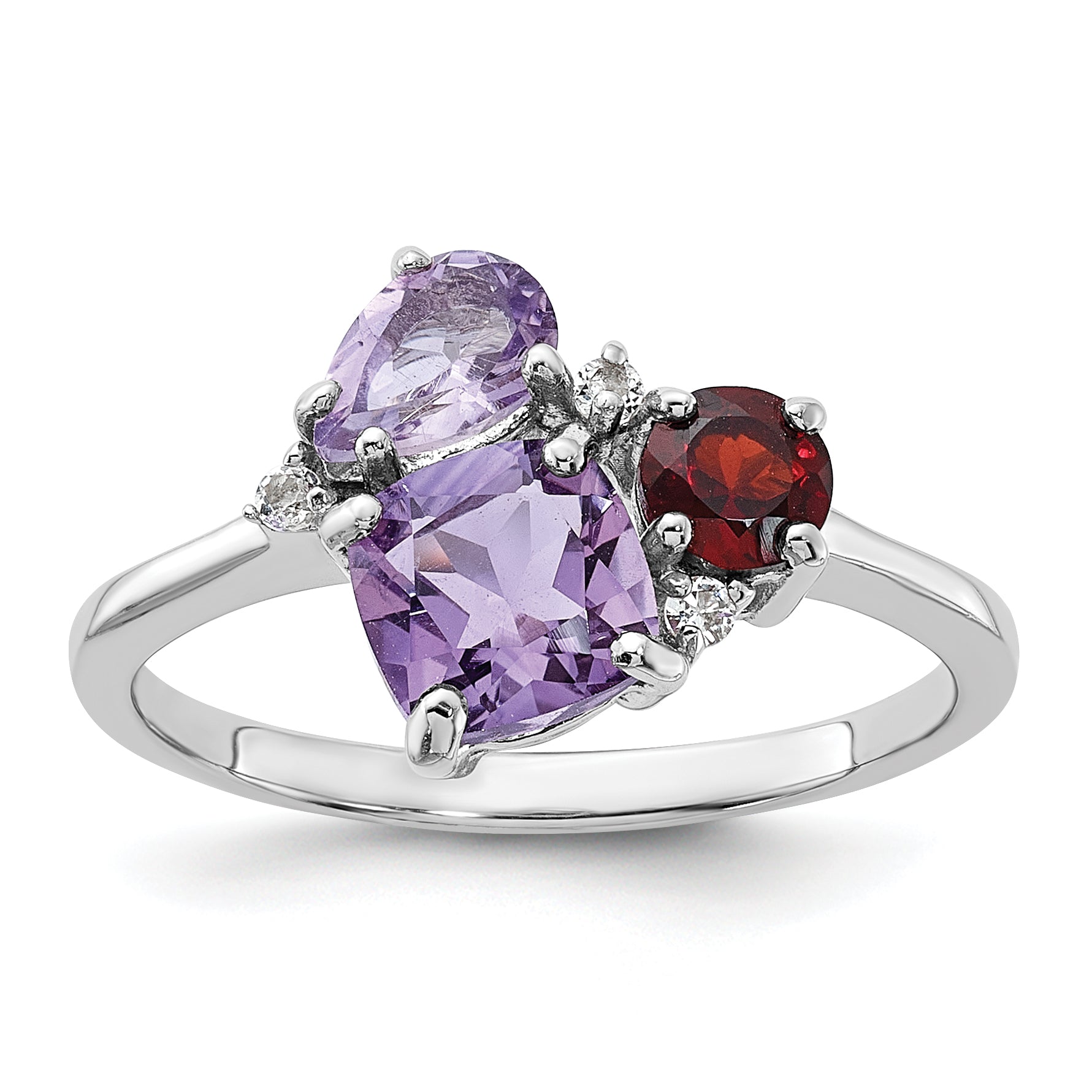 SS Rhodium Amethyst Pk Quartz Garnet and White Topaz Ring