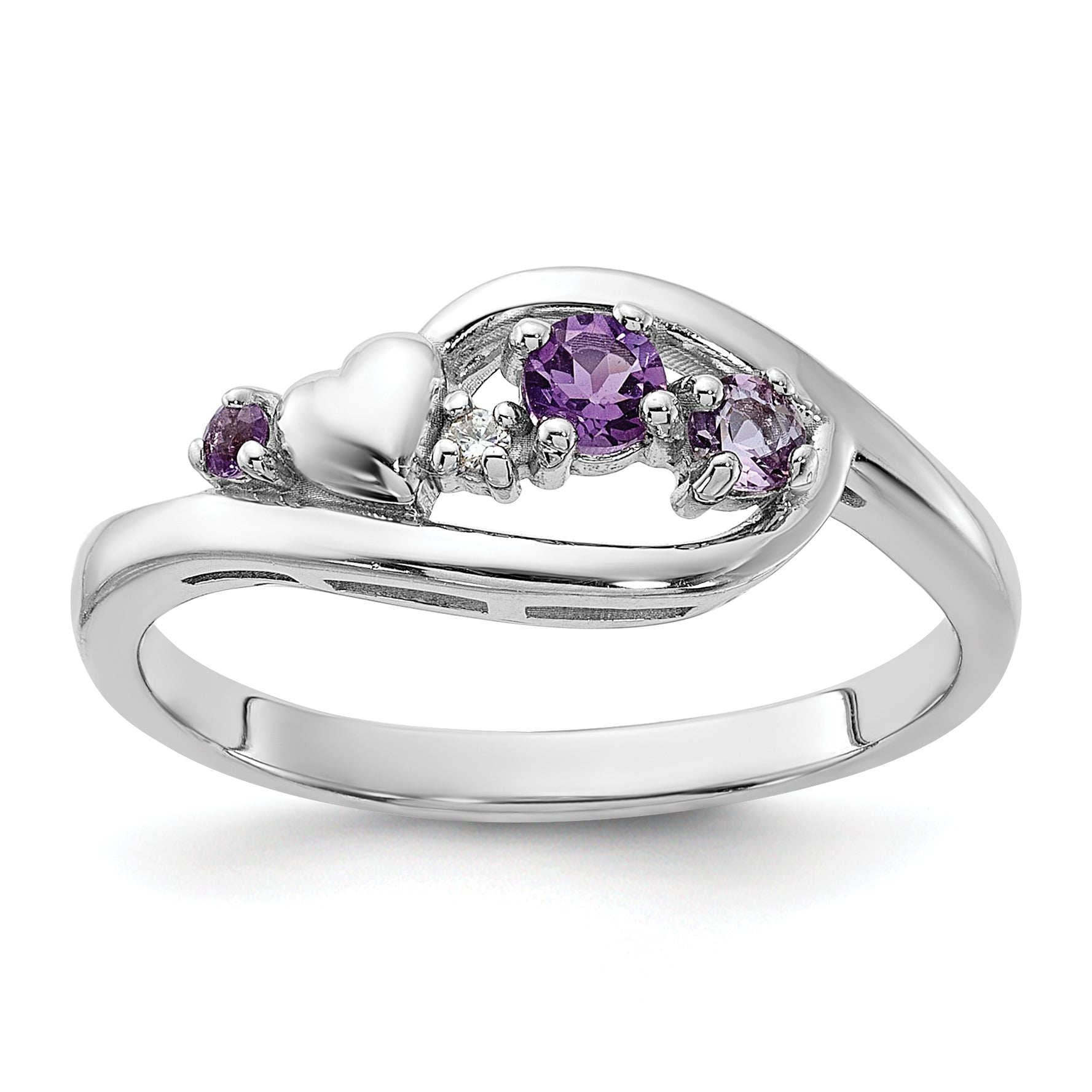 SS Rhodium-plated Amethyst Pink Quartz and CZ with Heart Ring