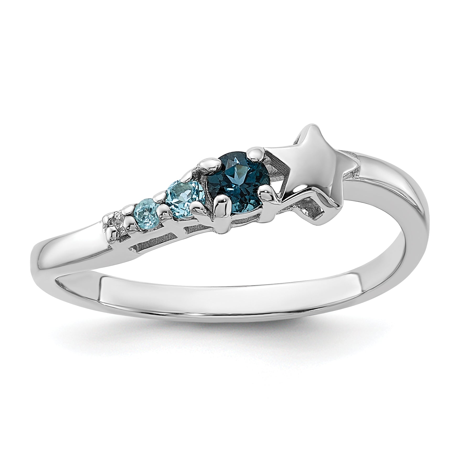 SS Rhodium London and Lt Swiss Blue Topaz and CZ Star Curve Ring
