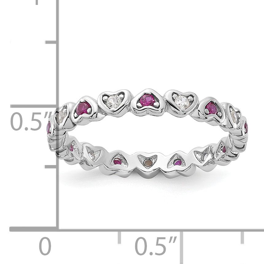 SS Rhodium-plated .14Lab Cr. Ruby and .27Cr. Wh Sapphire Heart Ring