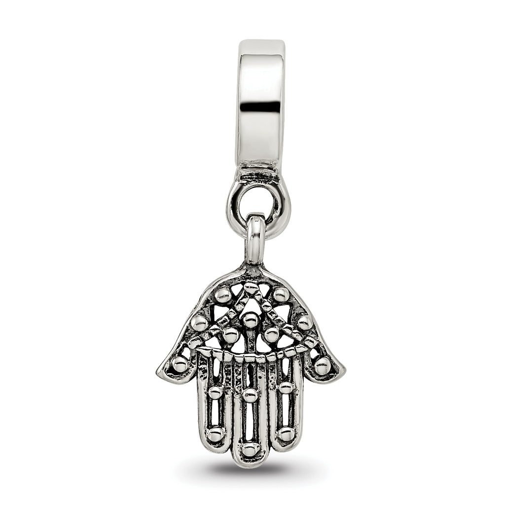 Sterling Silver 925 Hamsa Dangle Bead with Antiqued Finish Solid Casted Design