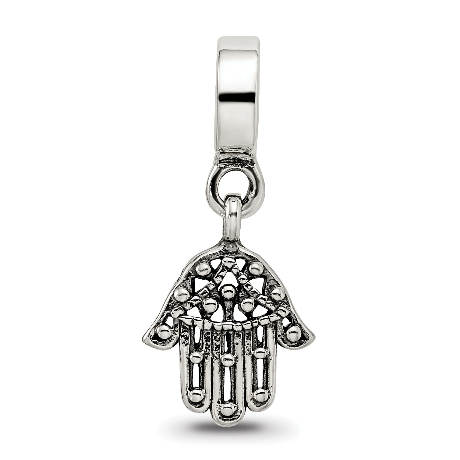 Sterling Silver 925 Hamsa Dangle Bead with Antiqued Finish Solid Casted Design