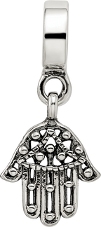 Sterling Silver 925 Hamsa Dangle Bead with Antiqued Finish Solid Casted Design