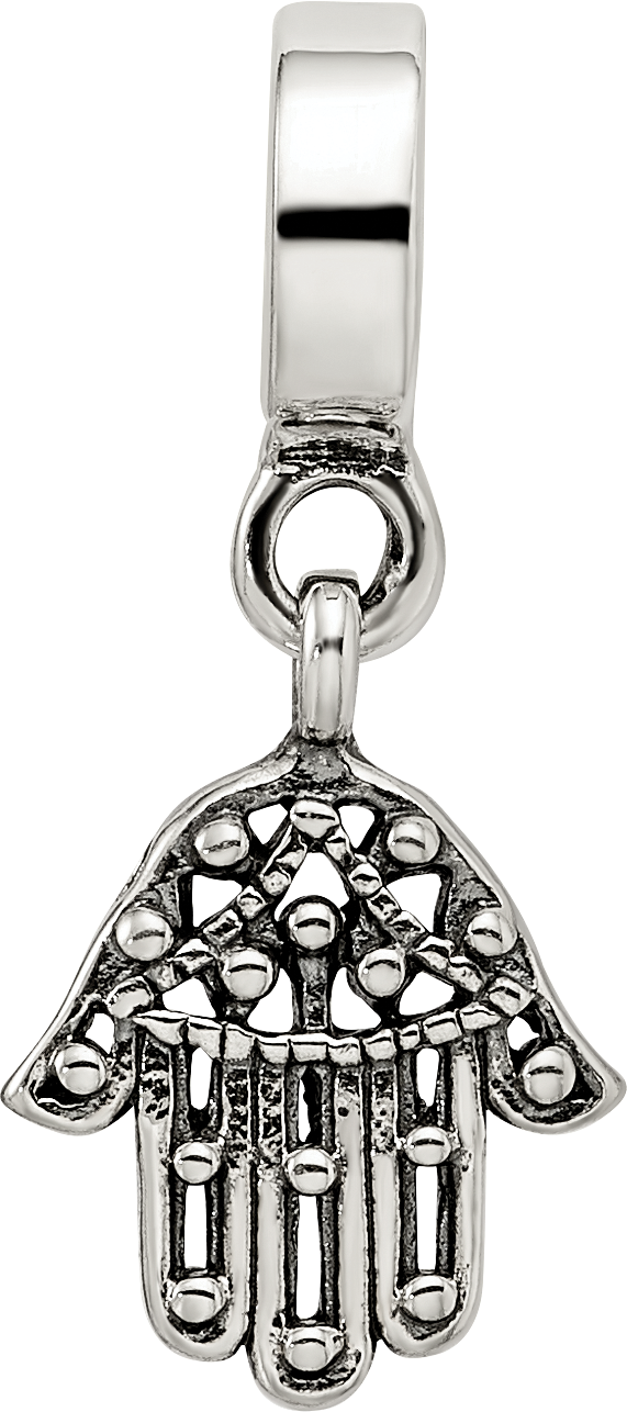 Sterling Silver 925 Hamsa Dangle Bead with Antiqued Finish Solid Casted Design