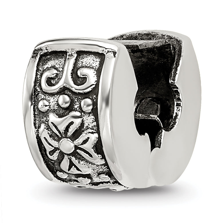 Sterling Silver 925 Hinged Floral Clip Bead with Antiqued Finish
