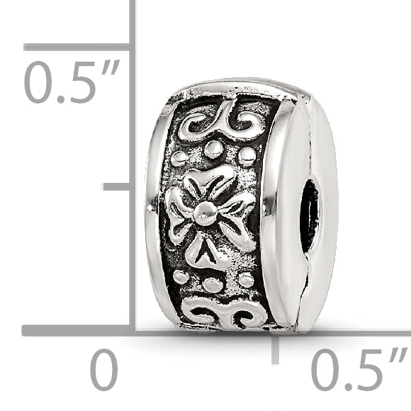 Sterling Silver 925 Hinged Floral Clip Bead with Antiqued Finish
