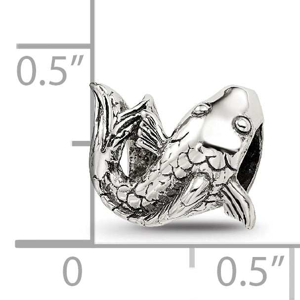 Sterling Silver 925 Fish Bead with Antiqued Finish, Solid, Casted