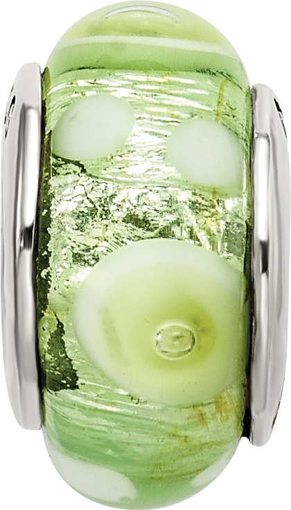 Sterling Silver 925 Hand-Blown Green/White Glass Bead with Antiqued Finish
