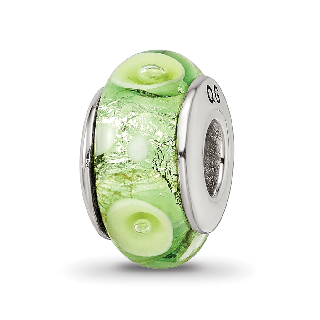 Sterling Silver Reflections Green/White Hand-blown Glass Bead