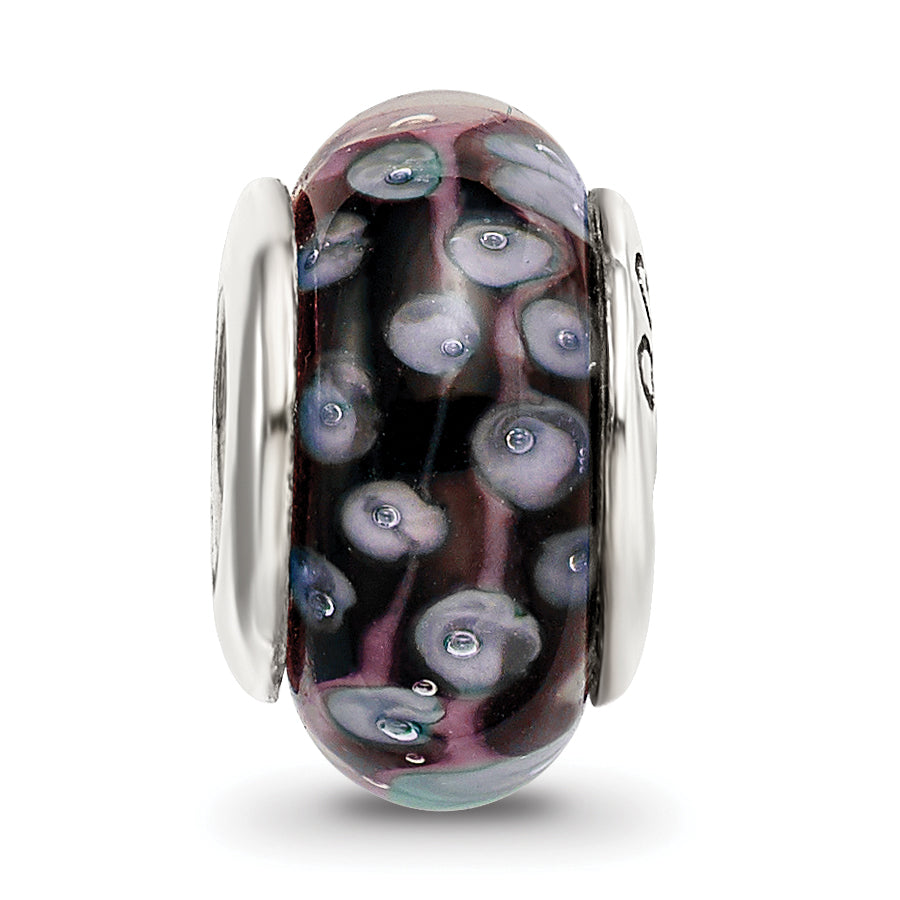 Sterling Silver Glass Bead with Hand-Blown Black/White Design, Antiqued Finish