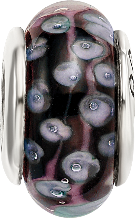 Sterling Silver Glass Bead with Hand-Blown Black/White Design, Antiqued Finish