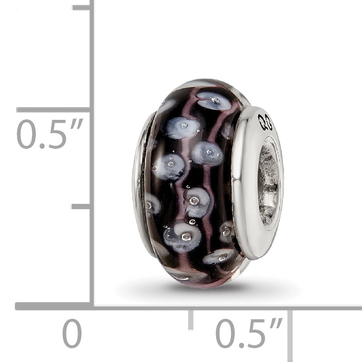 Sterling Silver Glass Bead with Hand-Blown Black/White Design, Antiqued Finish
