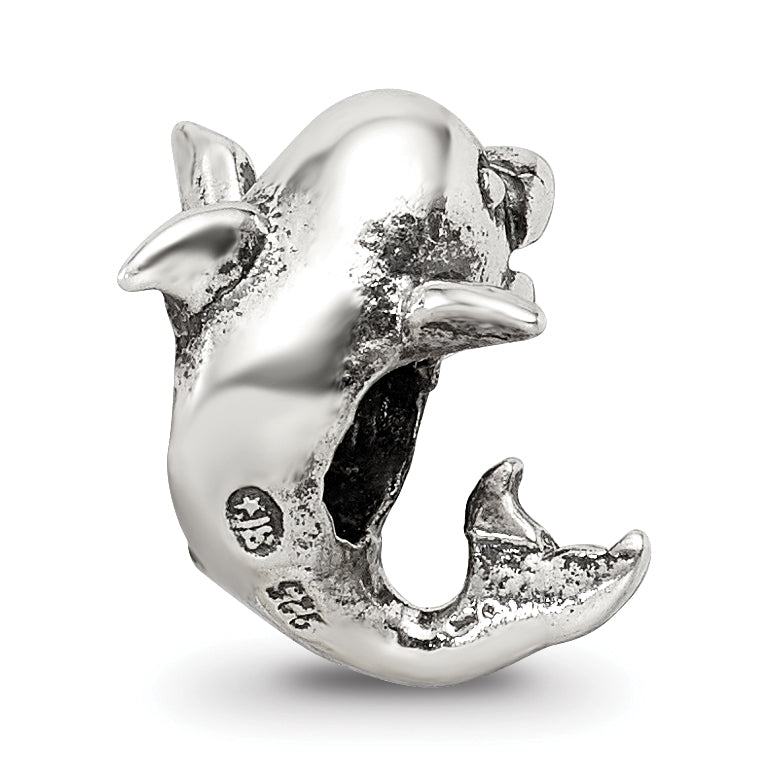 Sterling Silver 925 Kids Dolphin Bead with Antiqued Solid Finish