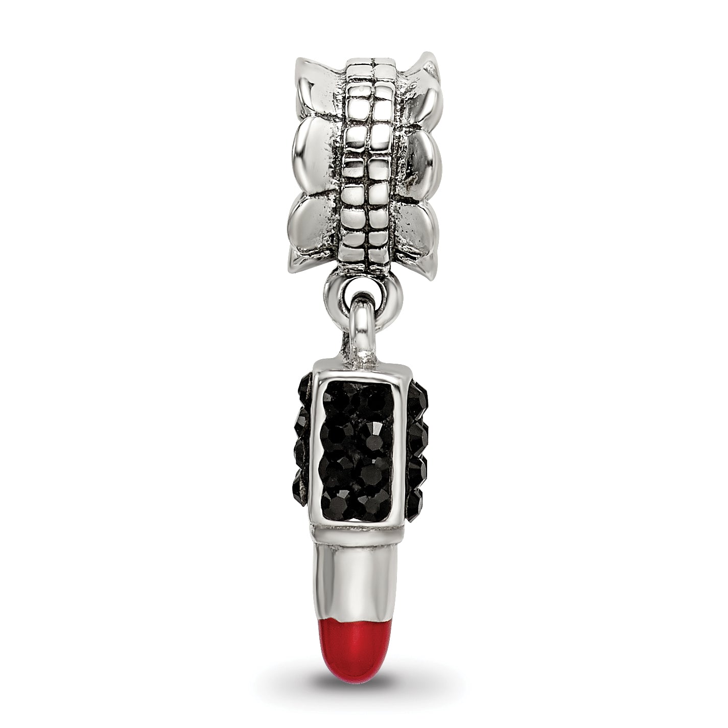 Sterling Silver 925 Lipstick Dangle Bead with Red Enamel and Black Crystal