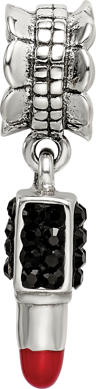 Sterling Silver 925 Lipstick Dangle Bead with Red Enamel and Black Crystal