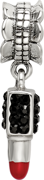 Sterling Silver 925 Lipstick Dangle Bead with Red Enamel and Black Crystal