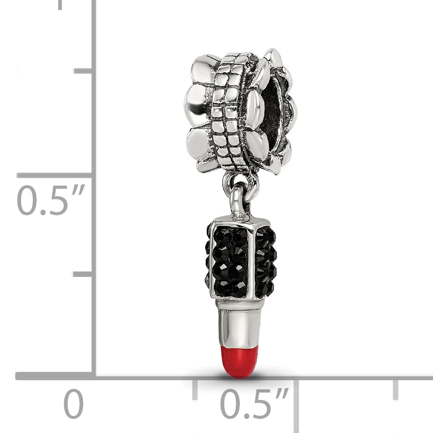 Sterling Silver 925 Lipstick Dangle Bead with Red Enamel and Black Crystal