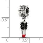 Sterling Silver 925 Lipstick Dangle Bead with Red Enamel and Black Crystal