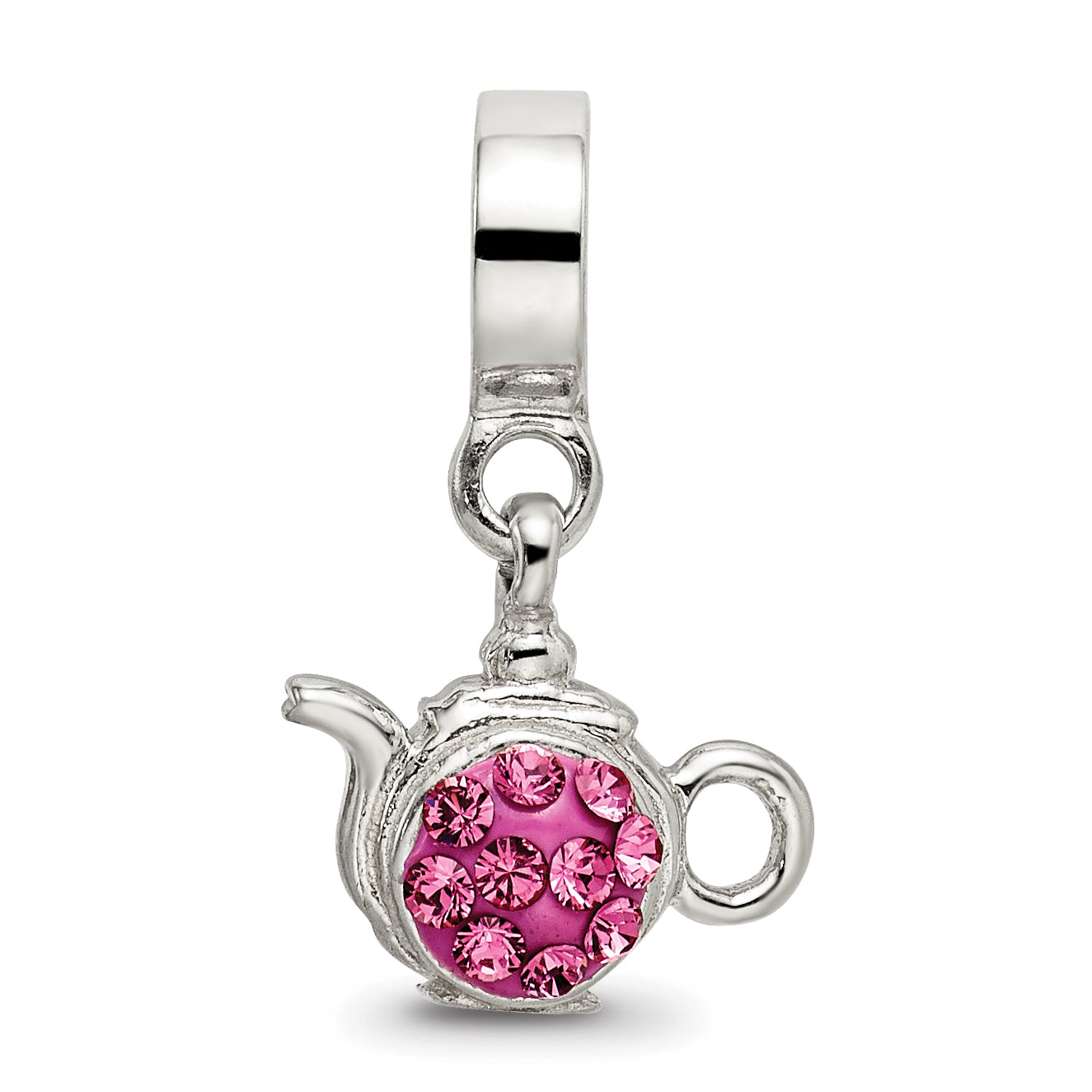 Sterling Silver Teapot Charm with Pink Crystal Accents Elegantly Antiqued