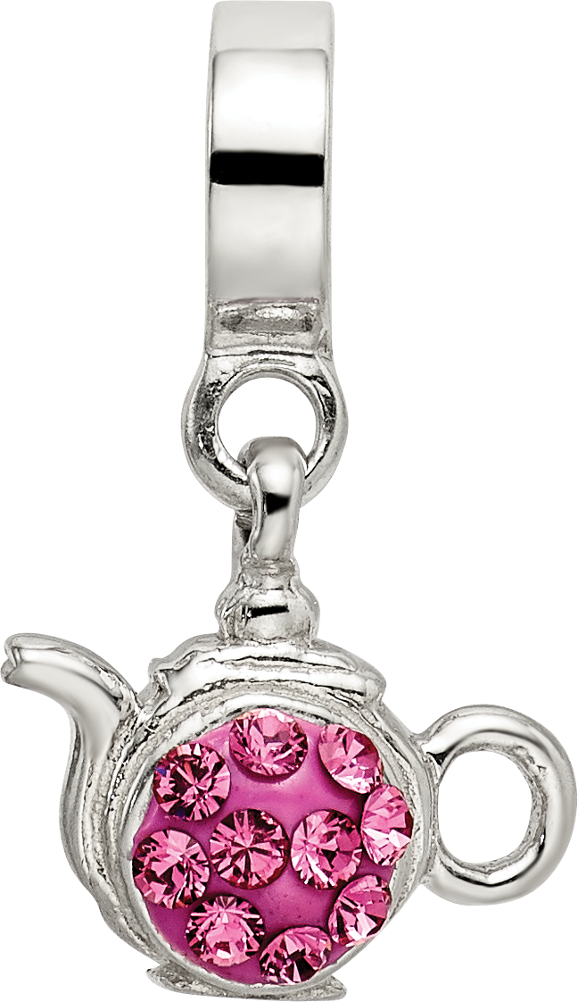 Sterling Silver Teapot Charm with Pink Crystal Accents Elegantly Antiqued