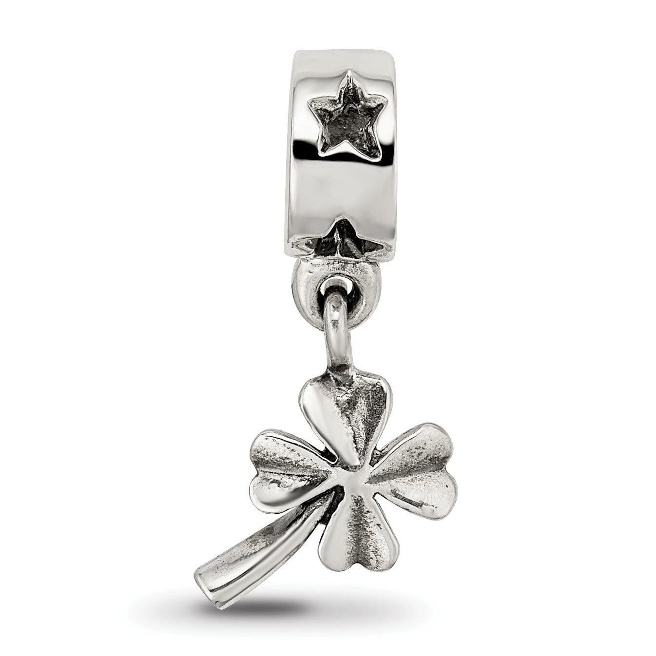 Sterling Silver 925 Four-Leaf Clover Dangle Bead with Antiqued Finish