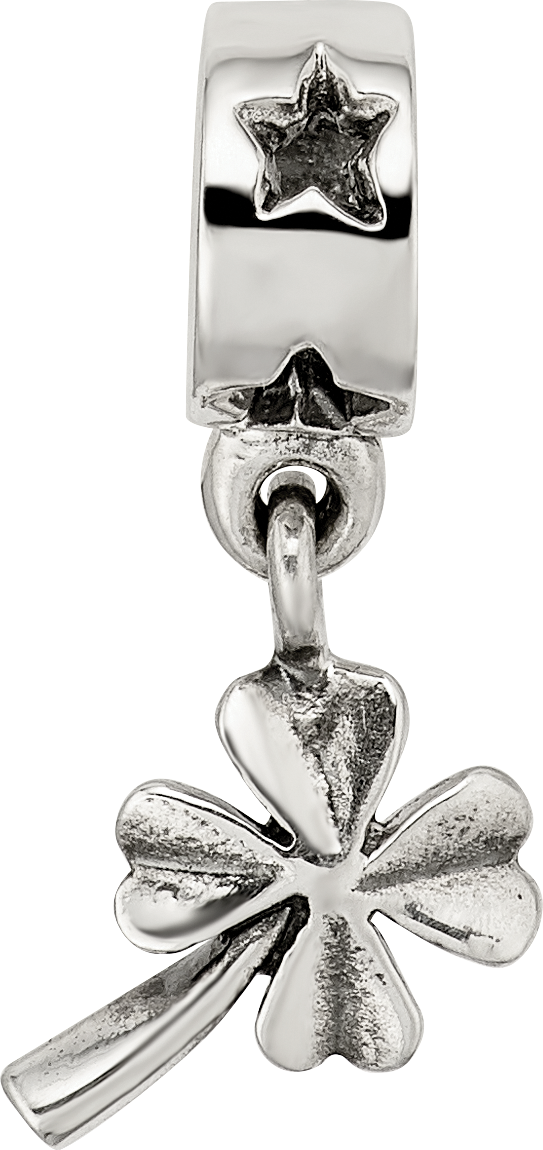 Sterling Silver 925 Four-Leaf Clover Dangle Bead with Antiqued Finish