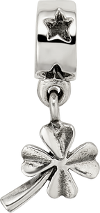 Sterling Silver 925 Four-Leaf Clover Dangle Bead with Antiqued Finish