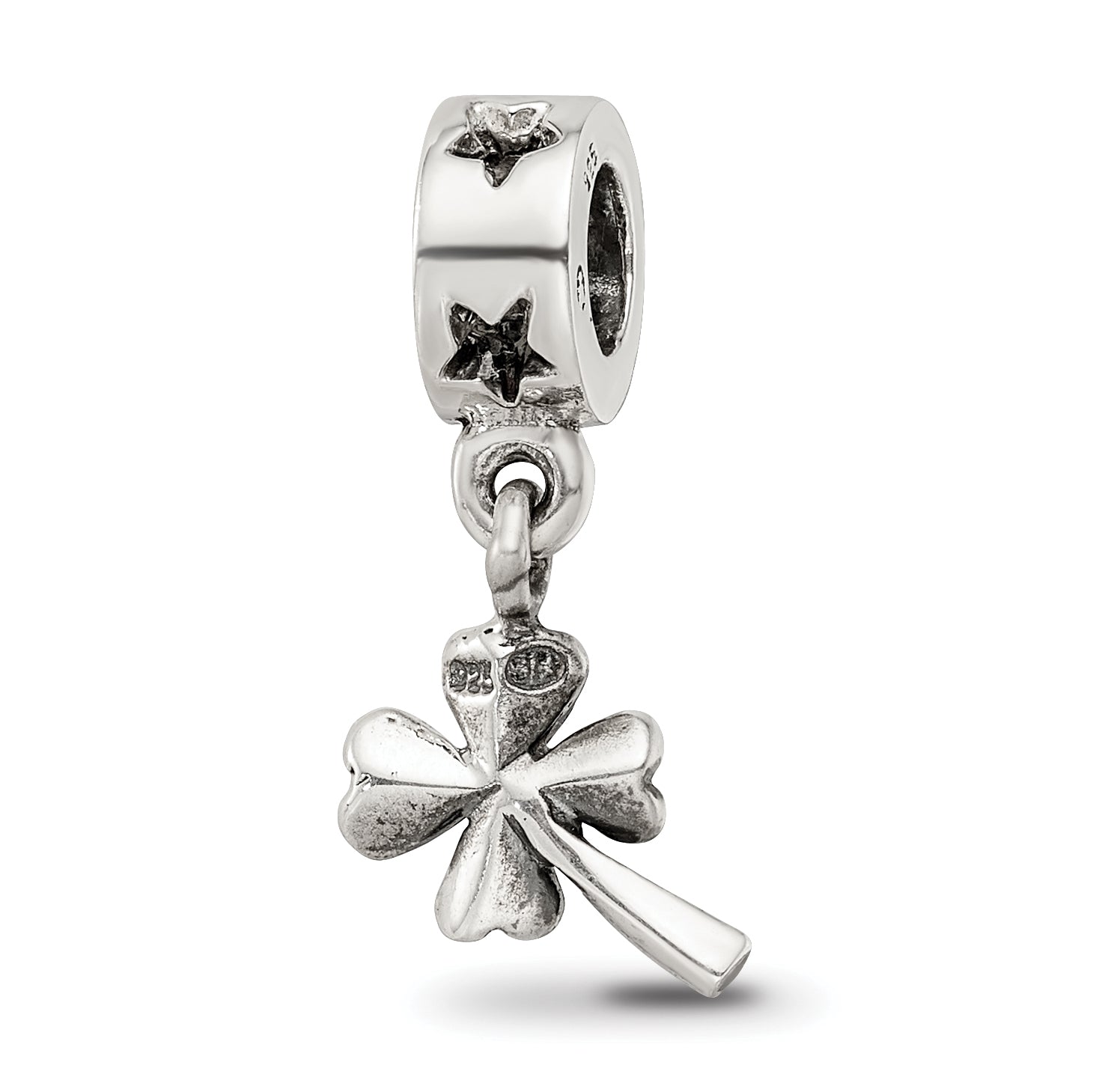 Sterling Silver 925 Four-Leaf Clover Dangle Bead with Antiqued Finish